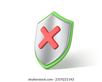 3D shield isolated on white background. Shield with red cross. NO or decline symbol. Security, protection and safety concept. Vector 3d Illustration