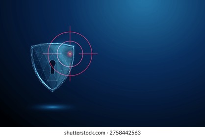 3d shield with keyhole inside target crosshair. Security targeting, vulnerability detection, cybersecurity threat focus, access protection analysis, risk identification concept. Digital style. Vector