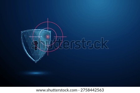 3d shield with keyhole inside target crosshair. Security targeting, vulnerability detection, cybersecurity threat focus, access protection analysis, risk identification concept. Digital style. Vector