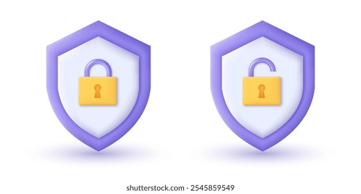 3D-Schild mit Vorhängeschloss und entsperrtem Symbol. Cyber-Sicherheit, Datenschutz und Datenschutz-Technologie Konzept. 3D-Objekt auf isoliertem Vektorrenderhintergrund.