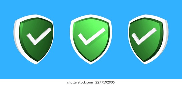 3D-Schild-geschützte Symbole mit Scheck gesetzt. Sicherheit, garantiertes Symbol. Markierung auf Schild Symbol, Sicherheitskonzept. Vektorgrafik