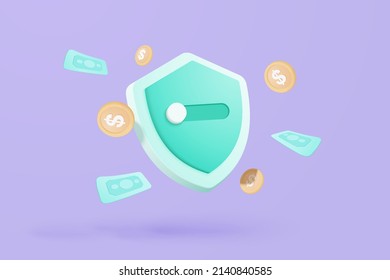 3D shield protection and banknote, money coin with secure for online payment on purple background concept, icon user account for 3d security with payment protection on isolate vector render background