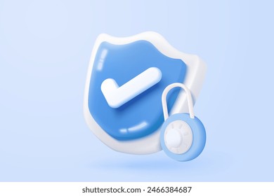 3D shield protection icon with check for online payment on white background concept, user account for 3d security with payment protection on isolated vector render background