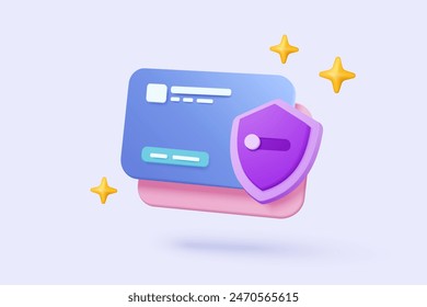 3D shield protection icon with credit card for online payment on white background concept, user account for 3d security with payment protection for e commerce on isolated vector render background