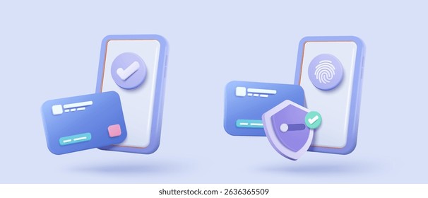 3D shield protection icon with credit card for online payment on white background concept, user account for 3d security with payment protection for e commerce on isolated vector render background