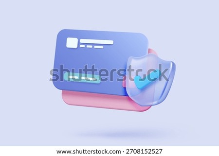 3D shield protection icon signs with credit card for online payment on white background concepts, user account for security with payment protection. 3d cursor icon vector render illustration