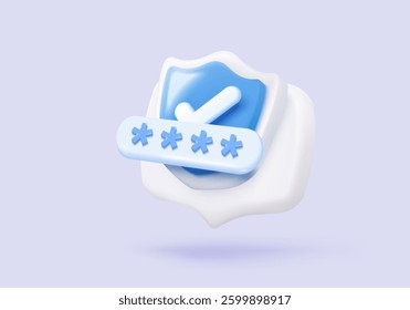 3D shield protection with password secure for online payment on purple background concept, user password for 3d security icon with payment protection on isolate vector render background