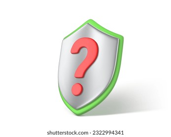 3D shield with a red question sign. Question mark shield icon. Concept of security question. Vector 3d illustration