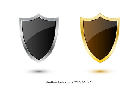 3D-Schild mit goldglänzenden und silberglänzenden Metallrahmen. Sicherheit und Schutz von Heraldika-Schutzschilden. Vektorgrafik.