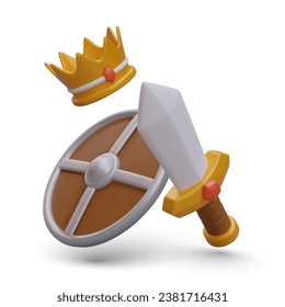 Escudo 3D, espada y corona dorada con cristal rojo. Batalla real. Competencia por el título. Concepto de batalla de juegos. Ataque final. Ilustración vectorial aislada. Plantilla para el campeonato de juego