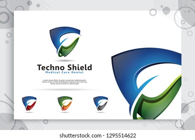 3d shield tech vector logo design with modern concept , abstract illustration symbol of cyber security  for digital template protection software company.