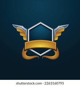 3D Shield vector in gold and silver metal texture with shiny surface. Can be used as a badge, logo. symbol for strong defense or victory banner. empty space for text and graphic. Game pass png design