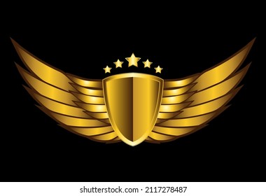 3d shield winged gold logo with five star on dark background, vector illustration EPS 10