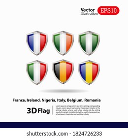 3d shields with flags vector, colored design