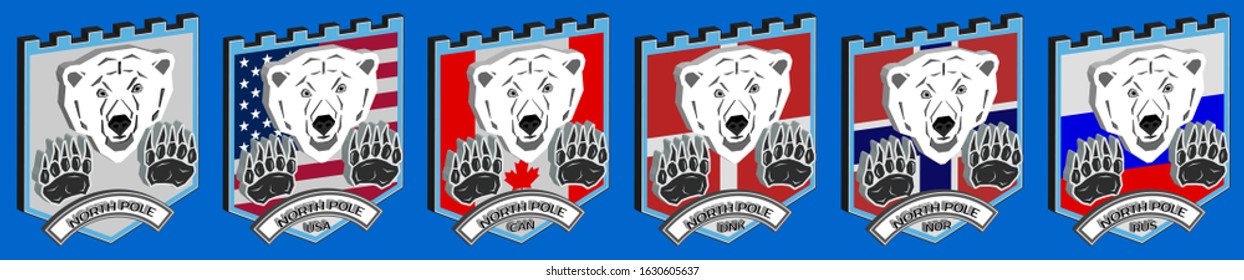 3D shields with the head and legs of a polar bear. Flags of the North Pole of the USA, Canada, Denmark, Norway and Russia