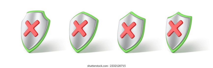 Escudos 3D con cruz roja aislados sobre fondo blanco.  NO o símbolo de declive. Concepto de rechazo. Ilustración del vector 3d