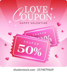 3d shining cute valentine coupon with flying hearts icon flying around, isolated on dark pink background. Valentine gift voucher with coupon code, percent price off. Vector icon