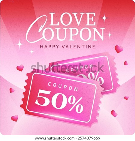 3d shining cute valentine coupon with flying hearts icon flying around, isolated on dark pink background. Valentine gift voucher with coupon code, percent price off. Vector icon