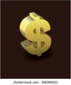 3D shining gold Dollar sign with shadow on dark brown background