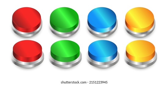 3D shinny glossy circular push button icon collection set with metal frame. Red, green, blue, and yellow colors. On off illustration vector symbol. front perspective view.