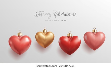 3D shiny Christmas tree Heart shape glass toys in pink, red, and gold. The glossy hearts are isolated on a white background, spheres perfect for holiday decor and greeting cards. Not AI.