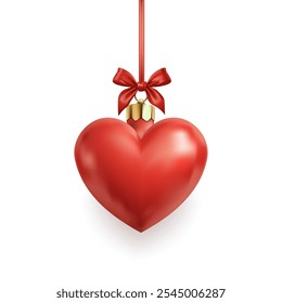 3D shiny Christmas tree Heart shape glass toy in red color with festive bow on it. The glossy heart isolated on a white background, perfect for holiday decor and greeting cards. Not AI.