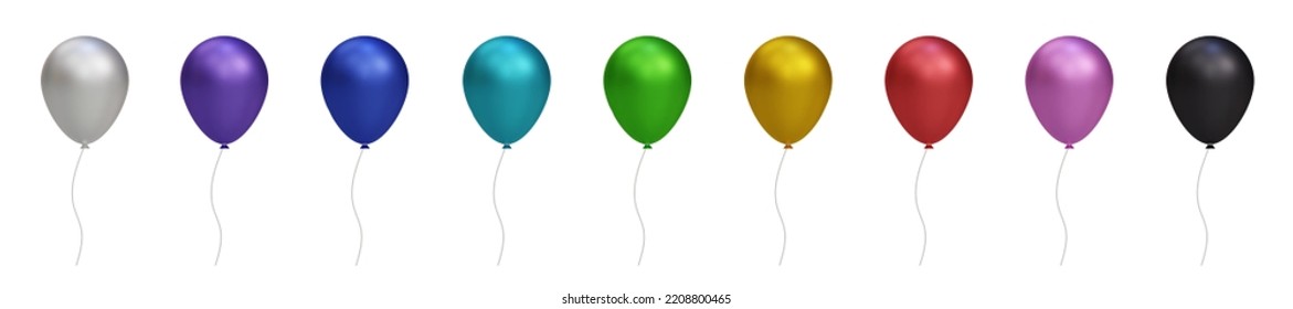 3d shiny colorful glossy helium air balloon set isolated on transparent background. Vector realistic gold, silver, white, golden colorful and black festive. Template for anniversary, birthday party