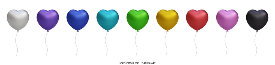 3d shiny colorful heart, glossy helium air balloon set isolated on transparent background. Vector realistic gold, silver, white, golden colorful and black festive. Template for anniversary, birthday