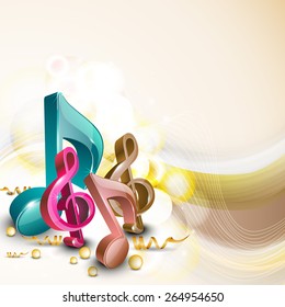 3D shiny colorful musical notes on abstract background.