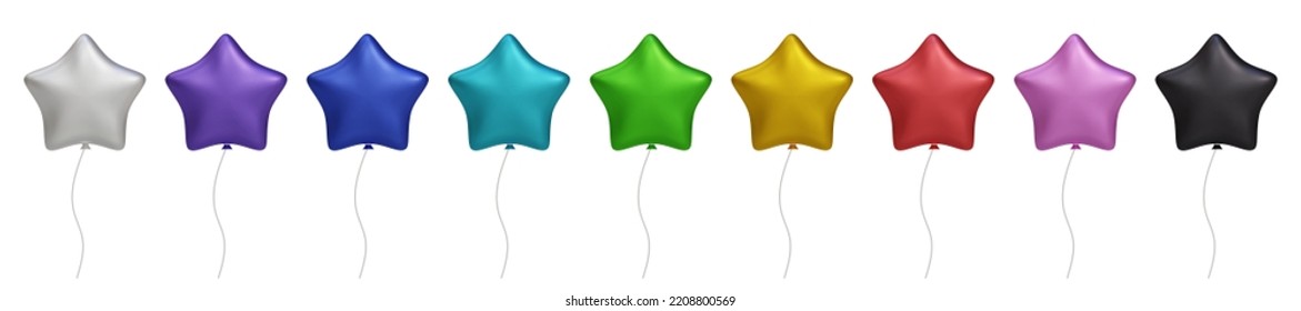 3d shiny colorful star, glossy helium air balloon set isolated on transparent background. Vector realistic gold, silver, white, golden colorful and black festive. Template for anniversary, birthday