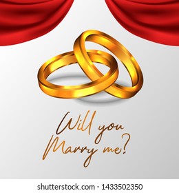 3D shiny double golden ring for propose will you marry me with engagement poster banner template with red curtain decoration 