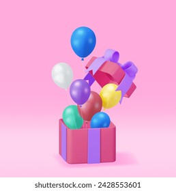 3D Shiny Gift Box with Balloon Isolated. Render Festive Helium Color Balloons Giftbox Banner. Template for Anniversary, Birthday Party, Christmas Holiday, Valentine Day. Vector Illustration