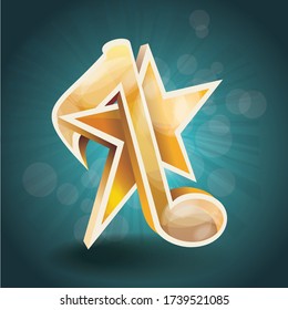 3D shiny golden musical note with star on abstract beams background, vector.