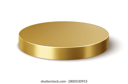 3d shiny golden round podium, metal platform stage or pedestal providing a luxurious product display and presentation. Gold realistic circular surface for showcasing vip cosmetic or premium production
