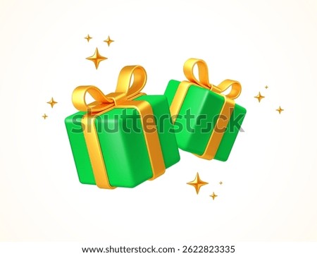 3d Shiny Green Gift Boxes with Golden Ribbons, bow and Sparkles – Festive Vector Illustration
