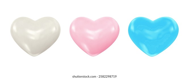 3d shiny hearts white, pink, blue colors. Symbols of love, romantic. Design elements for Valentine's Day, wedding, romantic events. Vector Illustration