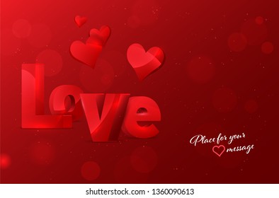 3D shiny inscription of LOVE word with abstract hearts on red background with bokeh lights and copy space for your text - vector illustration
