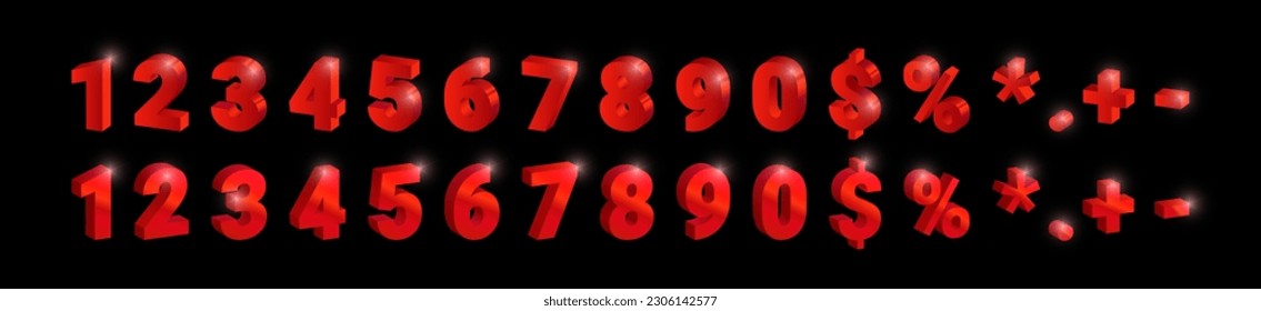 3D shiny red metal numbers set, red gold font symbols isolated on black background. Luxury metallic fashion typography design for decoration, web, design, advert, app. Vector illustration.