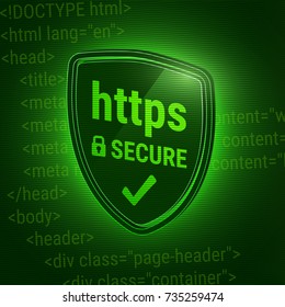 3D shiny shield. Secure https Protocol. Icon safe web. Closed lock. HTML code on the green background. Vector illustration.