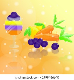 3D shiny and sparkling orange background with healthy fruit and vegetables and smoothies 