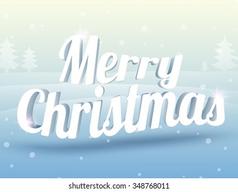 3D shiny text Merry Christmas on Xmas Tree decorated, winter background.