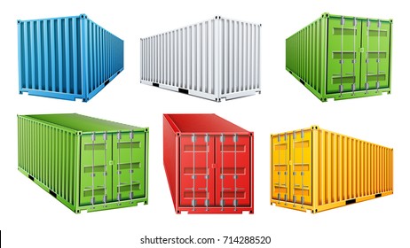 3D Shipping Cargo Container Set Vector. Blue, Red, Green, White, Yellow. Freight Shipping Container Concept. Logistics, Transportation. Isolated On White Background Illustration
