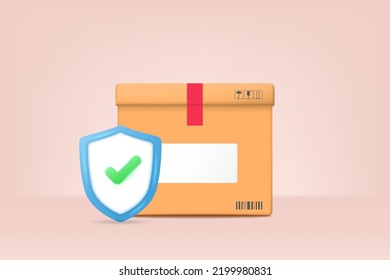 3D Shipping Insurance, Transportation Safety and Logistics concept. 3d parcel box, shield and check mark. 3D vector illustration.