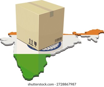 Embalagem 3D ou caixa de papelão em um mapa da Índia com bandeira, representando logística e comércio eletrônico (cut out)