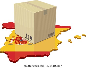 3D shipping parcel or cardboard box on a map of Spanish with flag, representing logistics and e-commerce (cut out)