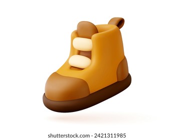 3D shoe icon. Children's stylized boots in cardboard style. A sportswear item for legs while walking in a minimalist design. 3D render of an object in vector format on a white isolated background.