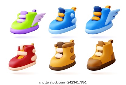 Icono de zapato 3D. Las botas estilizadas de los niños en forma de cartón. Un objeto deportivo para piernas mientras camina en un diseño minimalista. Representación 3D de un objeto en formato vector sobre un fondo aislado blanco.