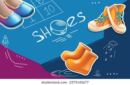3d shoes composition with collage of chalkboard text and doodle images with pairs of shiny boots vector illustration