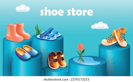 3d shoes composition with editable text sky gradient background and cylinder podiums with shiny boots pairs vector illustration