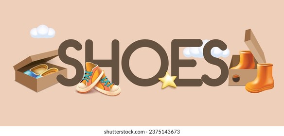 3d shoes composition with text and icons of clouds star and pairs of boots in boxes vector illustration